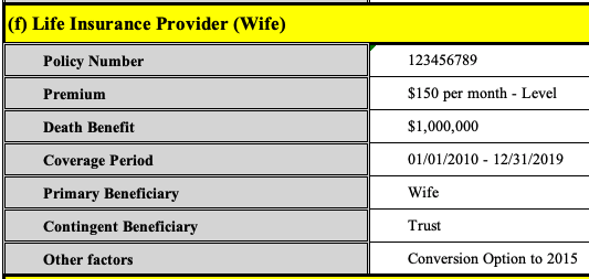 (f) Life Insurance Provider (Wife)