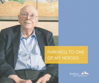 Charlie Munger photo with a caption that says Farewell to one of my Heroes